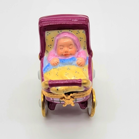 Authentic Limoges Hand Painted Porcelain Baby Girl in Stroller Trinket Box - Picture 4 of 9